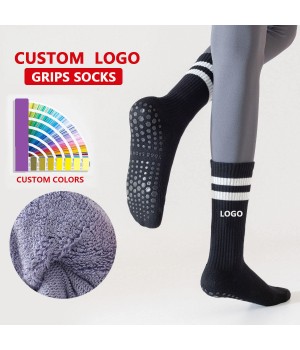 Custom Logo OEM Terry Cotton Pilates Socks Non-Slip Women Tube Yoga Socks Silicon Sport Anti Slip Dance Sports Crew Socks
